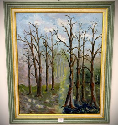 painting of a painting of a forest with bare trees in the foreground