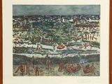 painting of a group of people on a beach with a boat in the water
