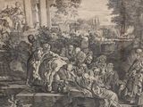 un vieux dessin représentant un groupe de personnes rassemblées autour d'un homme allongé par terre
