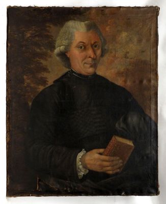 an old painting of a man holding a book in his hands