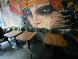 tables and chairs in a restaurant with a large mural on the wall
