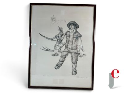 dessin représentant un homme tenant une épée et un oiseau dans la main
