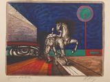 tableau représentant un homme à cheval dans une rue, à côté d'une voiture