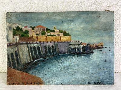 une peinture représentant un bateau sur l'eau près d'un bâtiment