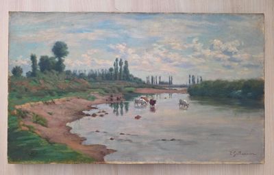 un tableau représentant des vaches au bord de l'eau, accroché au mur