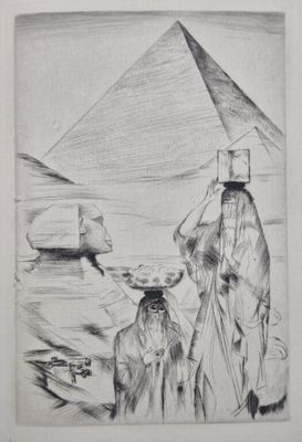 dessin au crayon représentant un homme et un chien debout devant une pyramide