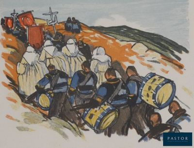un tableau représentant un groupe de personnes sur une colline