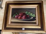 a painting of a bowl of plums on a table