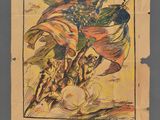 an old poster of a man riding a horse with a flag on it