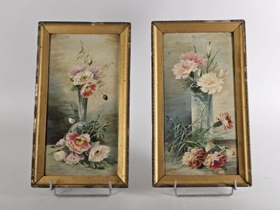 painting of flowers in a vase and a vase of flowers in a vase on a stand