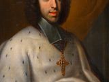 a painting of a man in a white robe with a cross on his shoulder