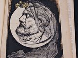 an open book with a drawing of a man with a beard