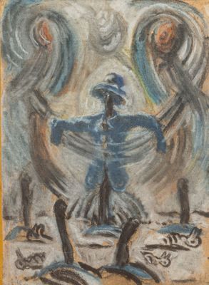 une image représentant un tableau où l'on voit deux personnes debout devant un ange