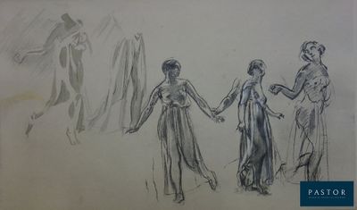 dessin représentant trois femmes se tenant par la main devant un rideau
