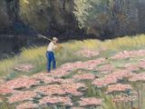 a painting of a man fishing in a pond of water lilies