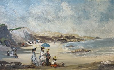 une peinture représentant un groupe de personnes sur la plage