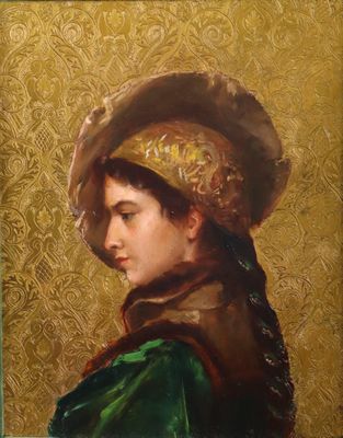 une peinture à l'huile représentant une femme vêtue d'une robe verte et d'un chapeau