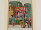 painting of a group of people standing around a table in a room