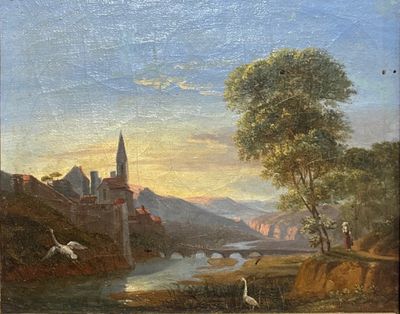 painting of a river scene with swans and a castle in the distance