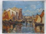 une peinture de bateaux sur l'eau dans un port