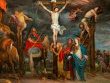 an image of a painting of jesus on the cross surrounded by other people