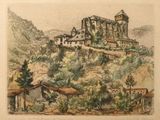drawing of a castle on top of a hill with a mountain in the background