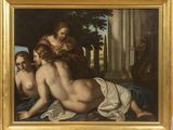 an image of a painting of three women laying on a bed