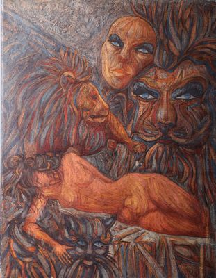 painting of a lion and a woman with a lion ' s head in the background