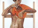 un tableau représentant une femme nue vêtue d'un t-shirt orange