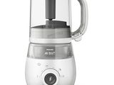 the small blender is silver and has a black handle