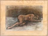 painting of a nude woman laying on the ground with her head on her hands
