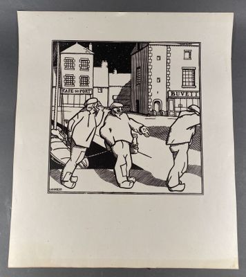 un dessin en noir et blanc représentant deux hommes dans une rue de la ville