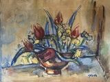a painting of a vase of flowers on a table