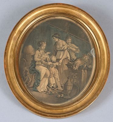 an old picture of a woman and two children in a room