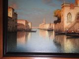 a picture of a painting of a canal with boats in it