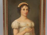 portrait of a woman in a white dress with a hat on a wooden easel