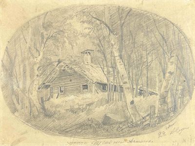dessin au crayon représentant une cabane dans une zone boisée, entourée d'arbres