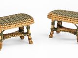 pair of small wicker stools with green and brown accents