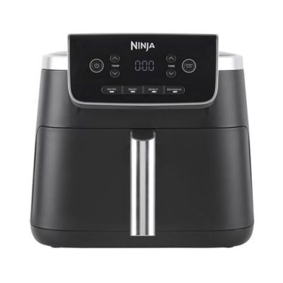 a black and silver air fryer sitting on top of a white surface