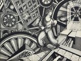 a drawing of a man standing in front of a spinning wheel