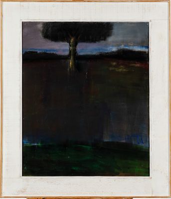 an oil painting of a tree in a field with a dark sky in the background