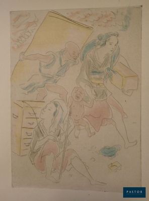 dessin représentant une femme portant une boîte et un homme portant une boîte