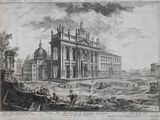 an old drawing of a large building with people walking around it