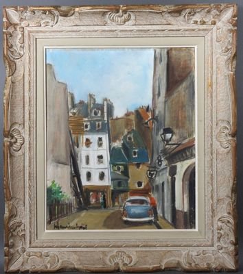 une peinture à l'huile représentant une scène de rue avec une voiture garée sur le bord de la route