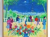 painting of a group of people standing around a table with a vase of flowers on it