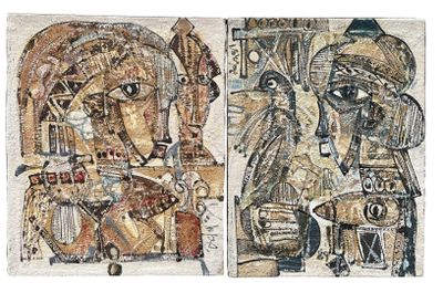 deux tableaux représentant un homme et une femme sur fond blanc