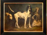 tableau représentant un groupe de chiens dans une pièce, avec un chien allongé par terre