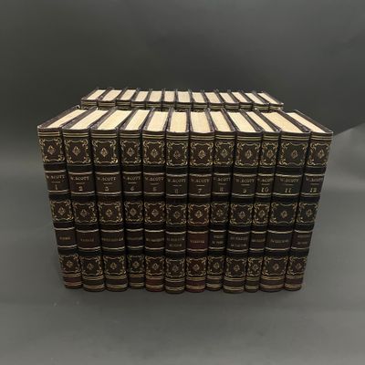 a set of twelve books with gold bindings on a grey background