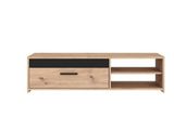 a wooden entertainment unit with two drawers and a shelf