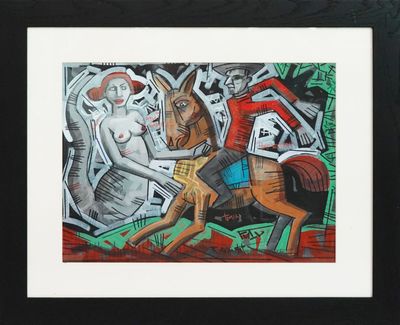 tableau représentant un homme à cheval avec une femme à ses côtés